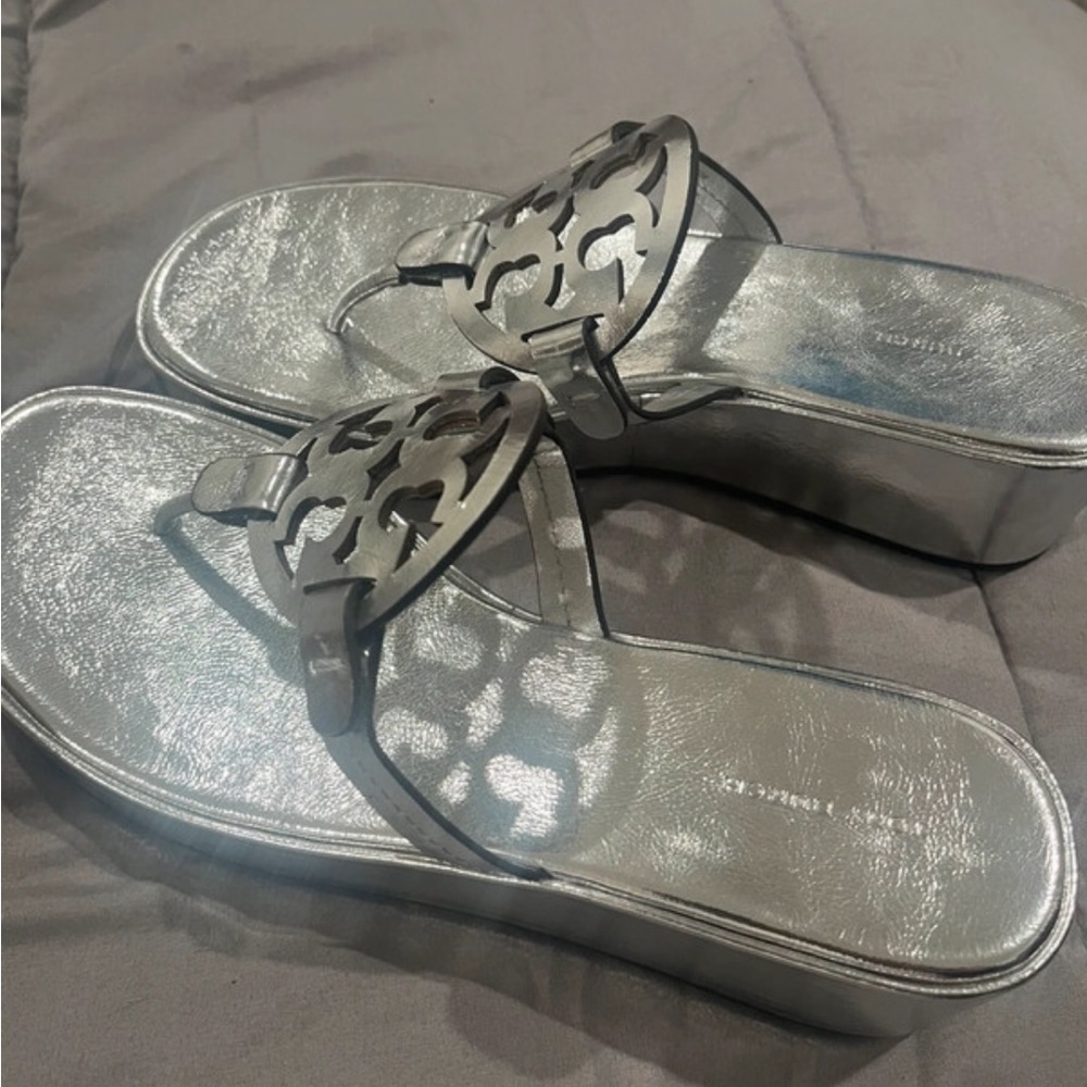 Tory Burch Silver Metallic Platform Wedge Sandals